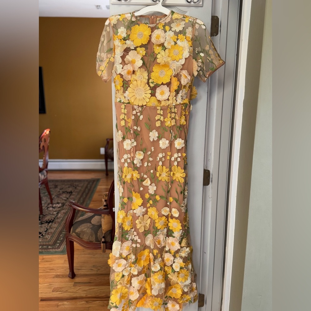 Elegant Floral Embroidered Dress in Yellow and White